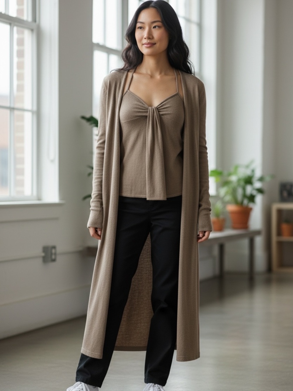Donna Karan New York Melange Green Longline Cardigan with Tie-Front Cami size Sm